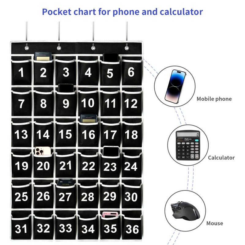 SAVERHO 36 Pockets Black Numbered Classroom Pocket Chart for Cell