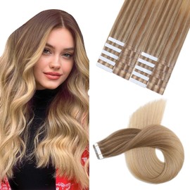 XDhair Tape in Hair Extensions 50g 22 Inch 20pcs Golden Brown Mixed Blonde with Light Blonde Tape in Extensions Human Hair for Women (#10/16/16,22Inch)
