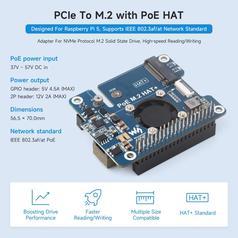 Waveshare PCIe to M.2 HAT+ Adapter with PoE Compatible with