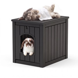 Vixzen Outdoor Rabbit Hutch, Multi-Functional Hidden Bunny Cage with Side Table, Open Front Door & Raised Base, Easy Clean Assemble Indoor Rabbit House（Black）