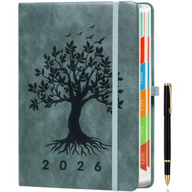 ZXHQ 2026 Diary A5 Page a Day, Jan-Dec, Tree of Life Design, Full Year Daily Planner with Monthly View, UK Holiday, Colorful Tabs, Pen Set and Fine Inner Pocket, 5.9" × 8.5"- Grey