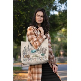 Beary Blu City-Themed Artwork Tote Bag Collection - Designed in the USA, 17"x14", Double Sided Print, Souvenir & Gift (New York)