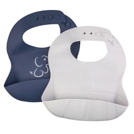 Set de Comida Papu Baby de 2 Baberos y 2 Platos Hondos/Bowls (Azul Marino-Blanco Mármol)