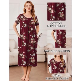 Ekouaer Cotton Night Shirts for Women Sleepwear Plus Size Nightgowns with Pockets Long Night Gowns Night Dress Wine Red Flower 3XL