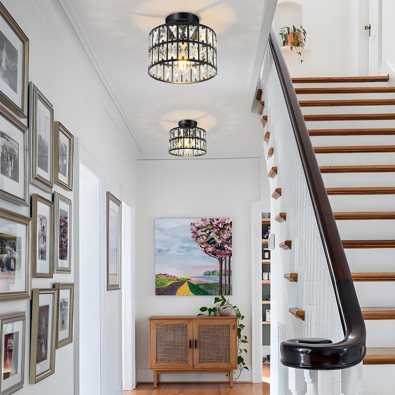 Modern Round Crystal Ceiling Light, 1-Light Flush Mount with Square