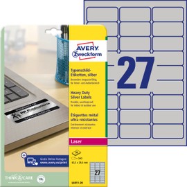 Avery Zweckform L6011-20 Heavy-Duty Labels 63.5 x 29.6 mm Weather-Resistant 20 Sheets / 540 Labels Silver