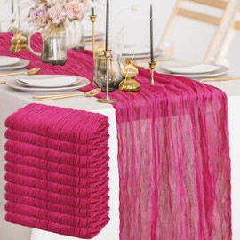 FANPROMS 10 Pack Cheesecloth Table Runners 35x120 Inch Pink Boho Long Gauze Table Runner for Wedding Ceremony Cheese Fabric Table Cover Fuchsia Rustic Cheese Cloth Table Cloth for Bridal Party Decor