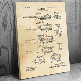 Shaving Safety Razor Canvas Print, Barber Gift, Bathroom Art, Stylist Gift, Salon Wall Art, Shaving Blueprint Vintage Paper (12 inch x 16 inch)