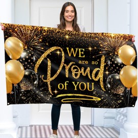 Congratulations Banner - Congratulations Decorations - We are so Proud of You Banner - Well Done Banner - Graduation Banner - Graduation Decorations for Prom - 5ft x 3ft (Black & Gold)