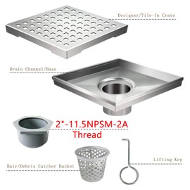 Square Shower Drain Kit-6‘’ Stainless Steel Bathroom Floor Drain Set (CUPC Certified) Equipped with Removable Quadrato Pattern Grate,Hair Filters,Threaded Joint with Rubber Seal and Lifting Hook