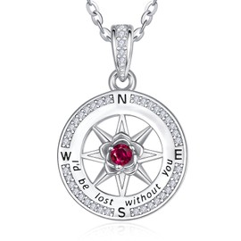 Sterling Silver July Birthstone Necklace Birthday Gift for Wife Mom Daughter Grandma Lady Her Compass Pendant Mother Jewellery with Created Ruby