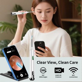 Ear Wax Removal, Ear Wax Removal Tool Built-in 1200P Camera, Earwax Removal Camera Kit with 15 Ear Set, 8 Traditional Tools, 1 Mobile Phone Stand, Ear Camera for iOS Android (White)