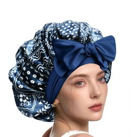 YENTEN Satin Bonnet, Silk Sleep Bonnets for Women, Adjustable Satin Night Sleeping Cap Soft Elastic Band Silk Bonnets for Sleeping, Hair Bonnet with Tie Band for Curly Hair Braid Women Blue