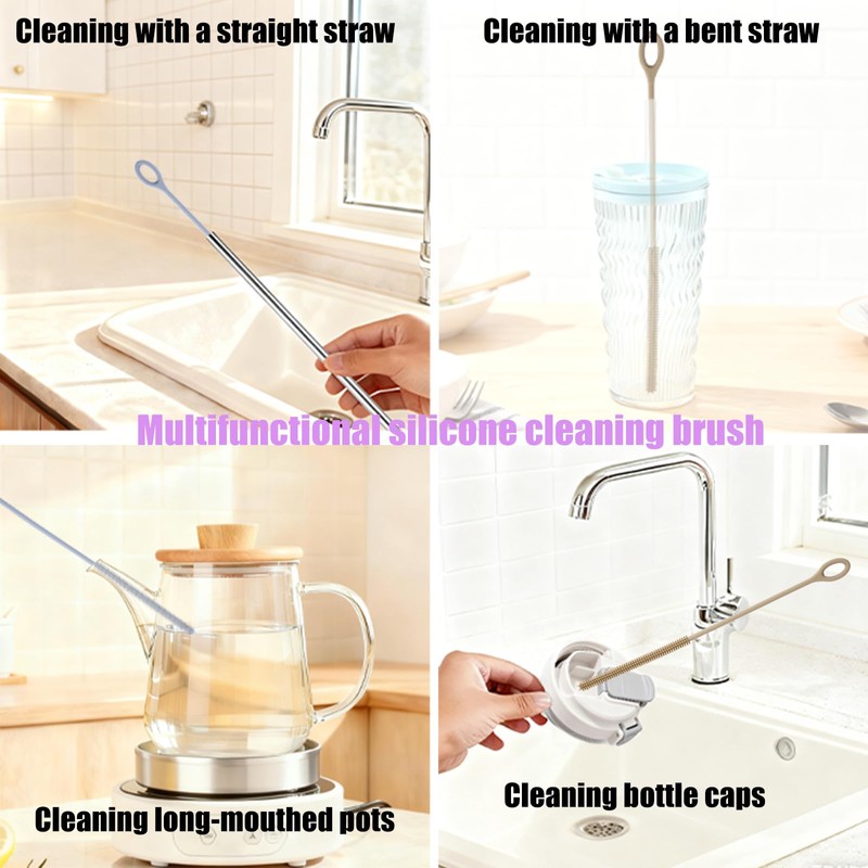 4Pcs Reusable Silicone Straw Cleaner Brush Extra Long, Soft Bendable,