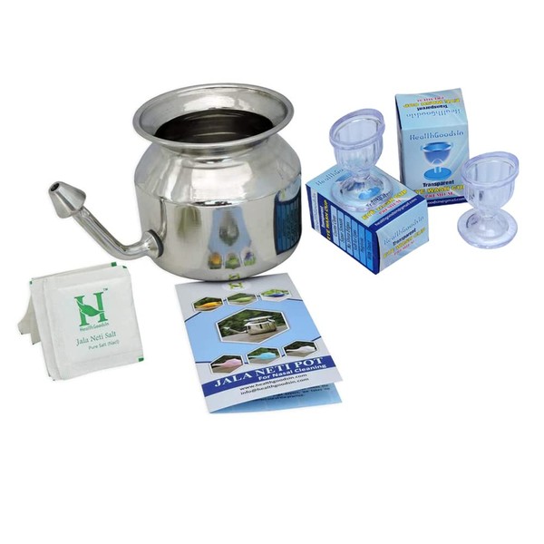 HealthGoodsIn Stainless Steel Neti Pot + Eye Wash Cups (Set of 2) - Combo Ultra Saver Pack