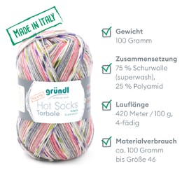 Gründl Hot Socks Torbole (sock wool made from 75% virgin wool (superwash) and 25% polyamide, 4-ply sock yarn, needle size: 2.5 - 3 mm), beige/chilli/plum/white/salad green/slate grey, 45 x 37 x 9 cm