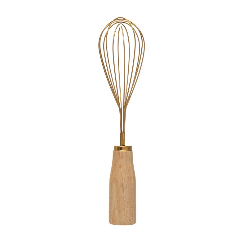 "Bloomingville Standing Stainless Steel Wood Handle, Gold Finish Whisk, 10.25"""