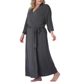 Women Kimono robe Plus Size Long Sleepwear Knit Bride Bridesmaid Robe Lightweight Bathrobe Soft Nightwear Bridal party, Grey 1X