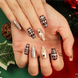 Christmas Press on Nails Coffin Short Fake Nails With Xmas Tree Elk Designs Full Cover Glitter False Nails Acrylic Reusable Stick on Nails Winter Brown Artificial Nails for Women Glue on Nails 24Pcs