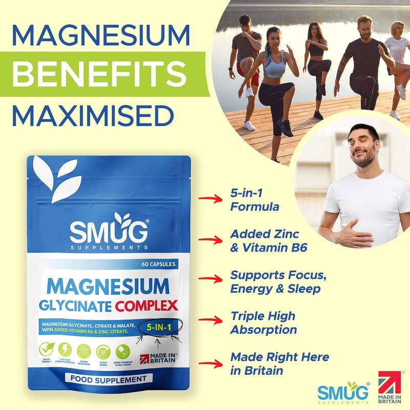 Magnesium Glycinate Complex British Made 5-in-1 by SMUG Supplements -