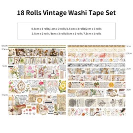 18 Rolls Vintage Washi Tape Set, Mushroom Flower Letter Retro Masking Tape 5/10/15/20/25/30/50/75mm Wide 6.56ft Long Decorative Scrapbook Tape for journaling, Scrapbooking Supplies, Junk Journal Craft