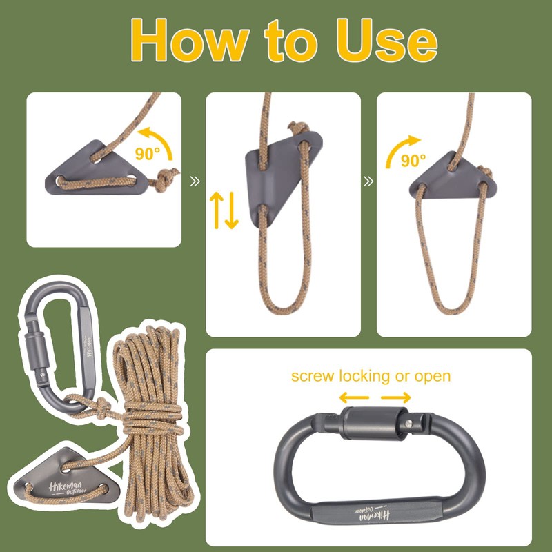 Hikeman 4 Pack Camping Rope with Locking Carabiner Clip,4mm Reflective