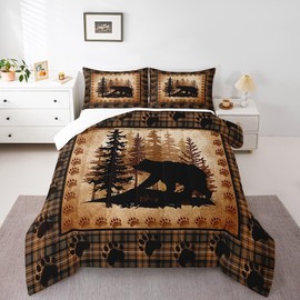 Bear Print Comforter Set Queen Size,Wild Animal Hunt Pine Trees Retro Bedding Set for Women Adult,Rustic Grid Plaid Cabin Decor Luxury Bed Duvet Insert, 2 Pillowcases