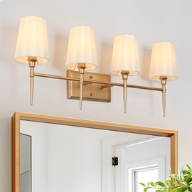 KSANA Gold Bathroom Light Fixtures, 4 Light Modern Vanity Lights for Bathroom with White Fabric Shade, 29 Inch Bathroom Lighting Lights Fixtures Over Mirror