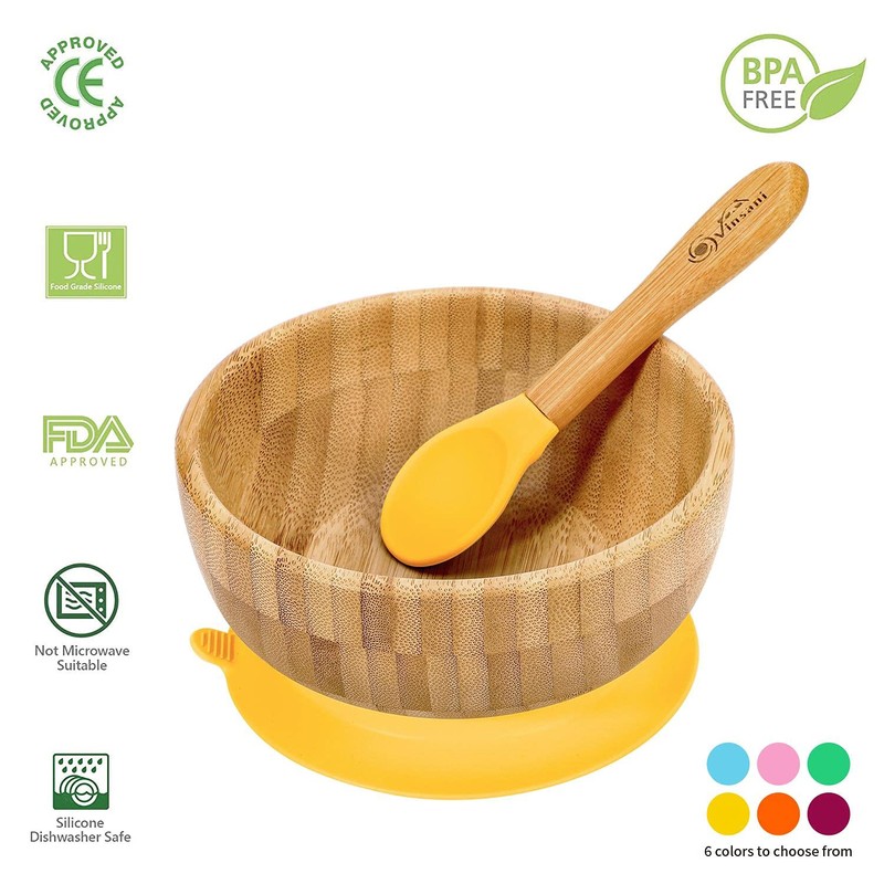 Vinsani Bamboo Bowl and Spoon Set for Baby/Toddler, Suction Plate,