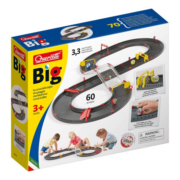 Quercetti Big Marbledrome Marble Race Track - Beginner Marble Run Includes 60 Pieces with Over 10 Feet of Track, Ramps and Obstacles - 3 Large Marbles, for Kids Ages 3 Years and up