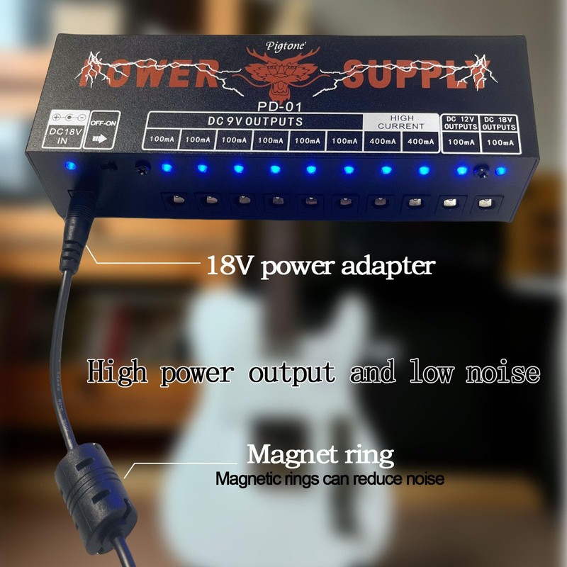 Pigtone PD-01 Guitar Pedal Power Supply 10 Isolated DC Output