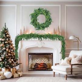 2Pcs 9FT Artificial Christmas Norfolk Pine Garlands,Faux Real Touch Thickness Realistic Greenery Evergreen Cedar Garland,Winter Garland for Mantel, Fireplace,Stair Holiday Party Indoor Outdoor Decor