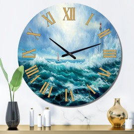 Designart 'Lighthouse in Middle of Blue Wild Ocean Waves' Nautical & Coastal - 36 in. high, 36 In. Wide