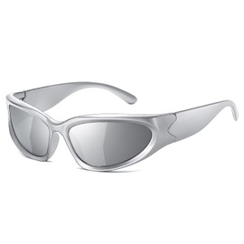 JASPIN Y2K Wrap Around Sunglasses for Women Men Sliver Oval Fashion Trendy Sport Shades UV400 Eyeglasses
