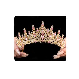 Yheahin Vintage Crystal Crown and Tiara for Women Bridal Wedding Rhinestone Tiara Princess Queen Crown Gothic Black Tiara Headpieces for Cosplay Costume Birthday Party (Gold-light pink)
