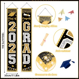 Jansun 2025 Black Gold Graduation Banner Party Decoration Class of 2025 Porch Sign Graduation Congrats Grad Black Gold Photograph Banner Door Hanging for High School College Graduation Party