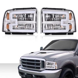 CROSSDESIGN LED DRL Headlight Assembly Compatible with Ford F250 F350 F450 F550 Super Duty 05-07 /Fit Ford Excursion 05 HeadLamps LH & RH Clear lens Chrome Housing Clear Reflector