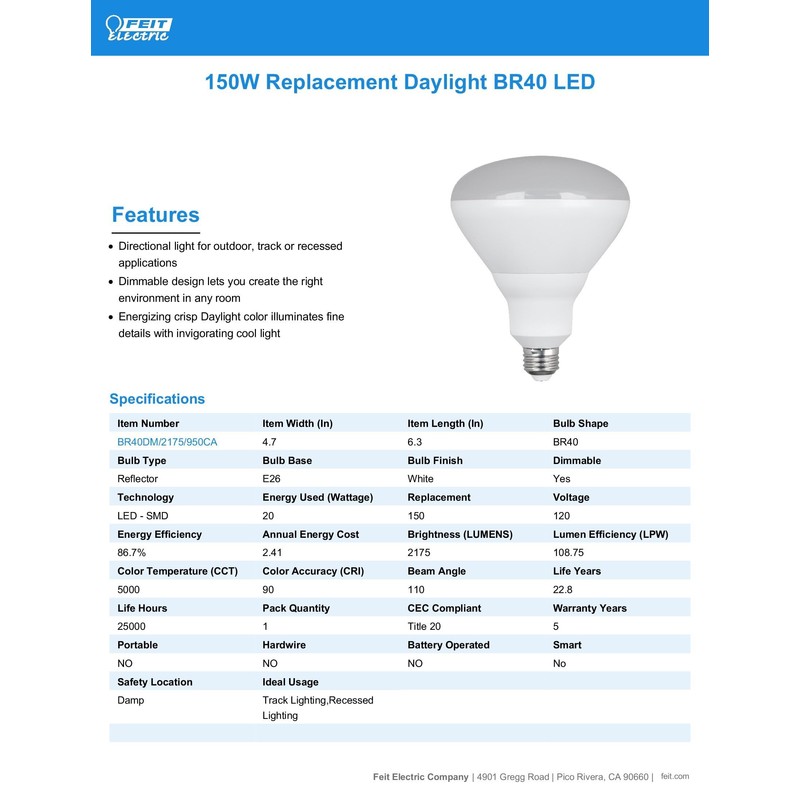 Feit Electric BR40 LED Light Bulb, 150W Equivalent, Dimmable, 2175
