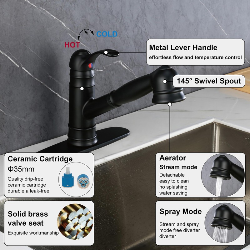 Derengge Matte Black Kitchen Faucet,Single Handle Pull Out Kitchen Faucet