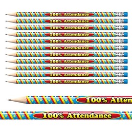 24 Foil 100% Attendance Award Pencils Colourful Pupil Children Rewards Motivational Pre-Sharpened Brainwaves Primary Teaching Services