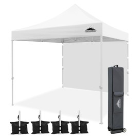 EAGLE PEAK 10x10 Heavy Duty Pop up Commercial Canopy Tent with One Removable Sidewall, Instant Sun Shelter with Roller Bag, 4 Sandbags, White