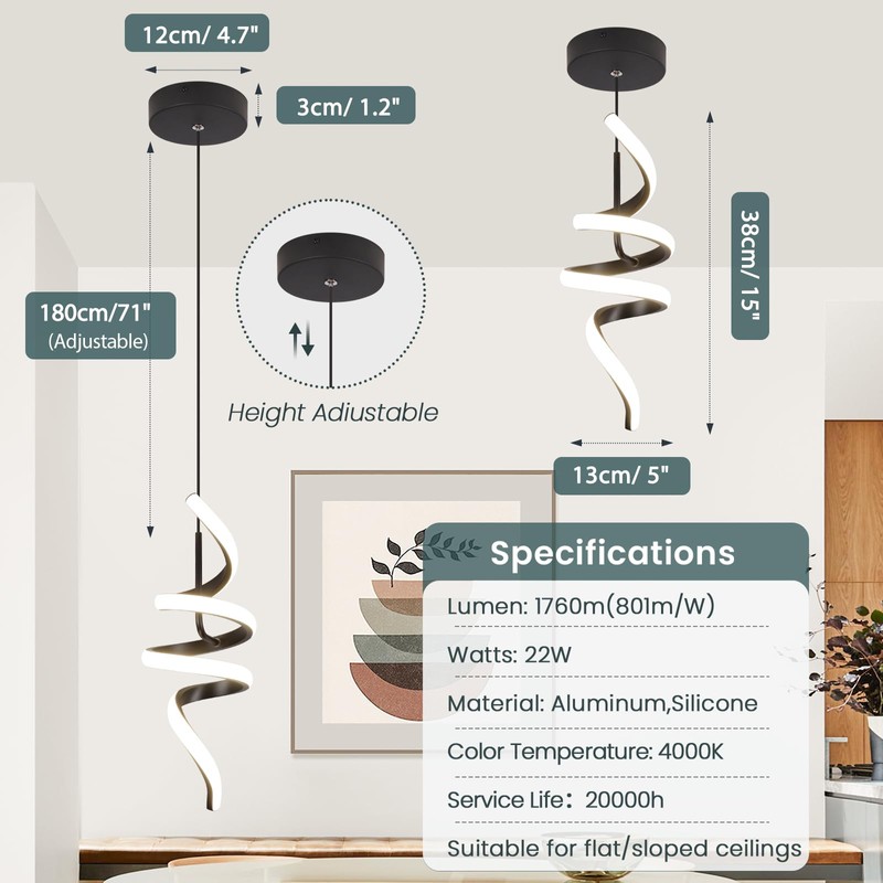 Sovinzert 4000K Modern Pendant Light, 15IN Spiral LED Pendant Lights