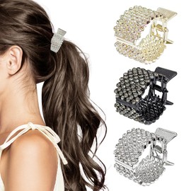 ELNX 3er-Set Pferdeschwanz-Clips, kleine Haarspangen für Damen, Funkelnde Haarklammern mit Strasssteinen, für hohe Pferdeschwänze, Alltag, Partys und Hochzeiten (Schwarz, Silber und Gold)