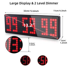 AnExer Gym Timers, 13.2" Large Digital Wall Timer Clock with Countdown & Up Stopwatch, Remote Control for Living Room, Office, Kitchen, Classroom, Gym Red