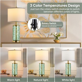 QiMH Glass Table Lamp Set of 2, Modern Gold Bedside Lamp for Living Room with White Fabric Shade, 24" Green Nightstand Lamps for Bedroom Home Office Decor, LED Bulbs Included
