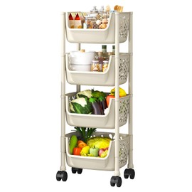 MeiChaoMeiJia 4-Tier Rolling Utility Cart with Wheels, Multifunctional Plastic Trolley with Lockable Casters, Mobile Storage Organizer Cart for Kitchen Bathroom Room Dorm Laundry Room, Khaki