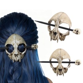 Cat Skull Hair Clip with Wooden Stick – Durable Gothic Bone Hair Accessory for Women, Handmade Skull Hair Pin, Spooky Dark Aesthetic Hair Ornament