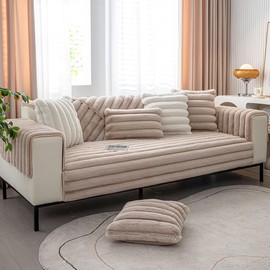 vctops 3D Striped Faux Fur Couch Cover Thick Warm Soft Sofa Cover Non Slip Fuzzy Plush Furry Sofa Slipcovers Shaggy Cozy Washable Furniture Protector for Pets, Kids (Light Coffee,36"x36")