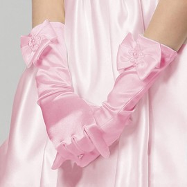 Flower Girls Gloves, Children Long Satin Gloves with Bowknot, Princess Prom Gloves for Wedding Communion Fancy Dress Party Cosplay Performance Drama Evening Ball in 4 Colours (Sweet pink)
