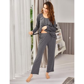 Ekouaer Women's Maternity Nursing Pajamas Set Long Sleeve Pregnancy Pajama Breastfeeding PJS Sleepwear Grey Large